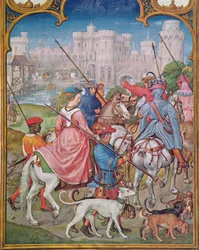 Fol.8v August måned: Avreise på jakt, fra Breviarium Grimani, ca. 1515