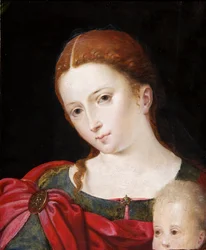 Hode og skuldre til en jente i rød kappe over blå kjole, ca. 1550 (olje på panel, eik)