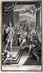 Jupiter sender to ørner: en smokker forklarer dette vidunderbarnet. Lustrasjon for bok II av Odyssee of Homere, i Odyssee, utgitt i Amsterdam i 1731, Collection privee Milan.