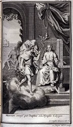 Merkur sendt av Jupiter til nymfen Calypso. Illustrasjon for bok V av Odyssey of Homer, in the Odyssey, utgitt i Amsterdam i 1731, Collection privee Milan.