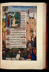 Ms 1058-1975, f.74r: Kong David ber til jomfruen og barnet og en historisk initial D som viser skapelsen av Eva, fra en timebok, Brugge, ca. 1510 (gullblekk og tempera på pergament)