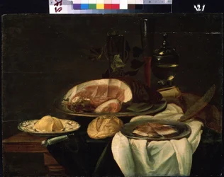 "Still life" (Still life) Skinke, brød og smør. Nederlandsk skolemaleri. 1650 Mikhail Kroshitsky kunstmuseum, Sevastopol (Sevastopol) Ukraina
