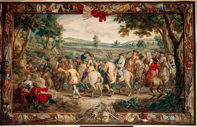 Slottet (Schlossanlage Schleißheim). flamsk billedvev. Brussels atelier Judocus De Vos. Design Lambert De Hondt. Marsjen (La Marche). 400x640 cm. Ull og silke. Omtrent 1715 - 1724.