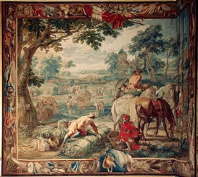 Slottet (Schlossanlage Schleißheim). flamsk billedvev. Brussels atelier Judocus De Vos. Design Lambert De Hondt. Fôring (forsøk). 400x510 cm. Ull og silke. Omtrent 1715 - 1724.