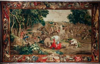 Slottet (Schlossanlage Schleißheim). flamsk billedvev. Brussels atelier Judocus De Vos. Design Lambert De Hondt. Bakhold (bakhold). Ull og silke. Omtrent 1715 - 1724.