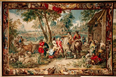 Slottet (Schlossanlage Schleißheim). flamsk billedvev. Brussels atelier Judocus De Vos. Design Lambert De Hondt. Plyndring (pilasje). 400x595 cm. Ull og silke. Omtrent 1715 - 1724.
