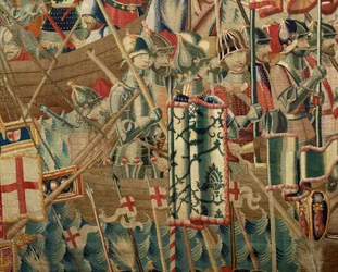 Parish museum for billedvev (Pastrana Parish Museum of Tapestries). flamsk billedvev. Landingen ved Arzila (Landingen ved Arzila, Desembarco og Arzila). Series Conquests of King Alfonso I of Portugal (Conquests of King Alfonso V of Portugal). Turnering. Ul