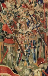 Parish museum for billedvev (Pastrana Parish Museum of Tapestries). flamsk billedvev. Landingen ved Arzila (Landingen ved Arzila, Desembarco og Arzila). Series Conquests of King Alfonso I of Portugal (Conquests of King Alfonso V of Portugal). Turnering. Ul