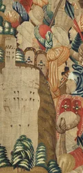 Parish museum for gobeliner (Parish Museum of Pastrana Tapestries). flamsk billedvev. Conquest of Tanger (Taking of Tangier, De inname van Tanger). Seriens erobringer av kong Alfonso I av Portugal. Tournai. Ull og silke