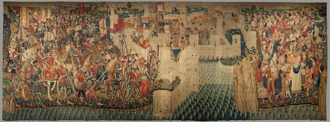 Parish museum for gobeliner (Parish Museum of Pastrana Tapestries). flamsk billedvev. Conquest of Tanger (Taking of Tangier, De inname van Tanger). Seriens erobringer av kong Alfonso I av Portugal. Tournai. Ull og silke