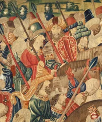 Parish museum for gobeliner (Parish Museum of Pastrana Tapestries). flamsk billedvev. Conquest of Tanger (Taking of Tangier, De inname van Tanger). Seriens erobringer av kong Alfonso I av Portugal. Tournai. Detalj. Ull