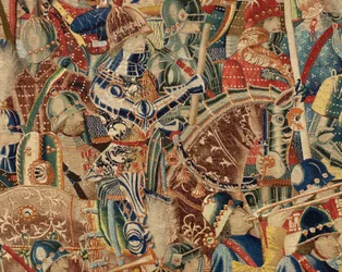 Parish museum for gobeliner (Parish Museum of Pastrana Tapestries). flamsk billedvev. Ta av Asilah (Take of Asilah, Assault on Asilah, De inname van Arzila). Seriens erobringer av kong Alfonso I av Portugal. Tournai.
