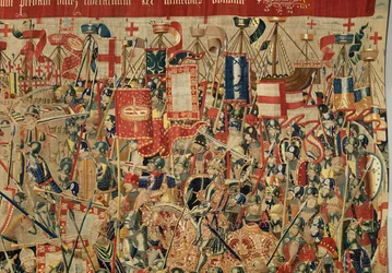 Parish museum for gobeliner (Parish Museum of Pastrana Tapestries). flamsk billedvev. Ta av Asilah (Take of Asilah, Assault on Asilah, De inname van Arzila). Seriens erobringer av kong Alfonso I av Portugal. Tournai.