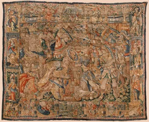 Parish museum for billedvev (Pastrana Parish Museum of Tapestries). flamsk billedvev. Kamp mellom Alexander og Darius og Ipso (Slaget mellom Alexander og Darius ved Ipso). Brussel. Ull og silke. Det 16. århundre. 510x419 cm.