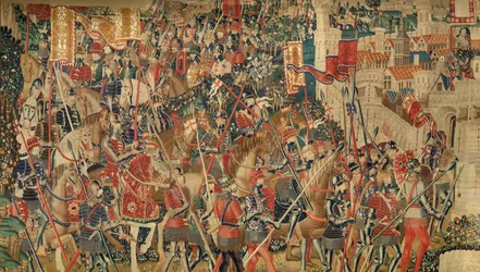 Parish museum for gobeliner (Parish Museum of Pastrana Tapestries). flamsk billedvev. Conquest of Tanger (Taking of Tangier, De inname van Tanger). Seriens erobringer av kong Alfonso I av Portugal. Tournai. Ull og silke
