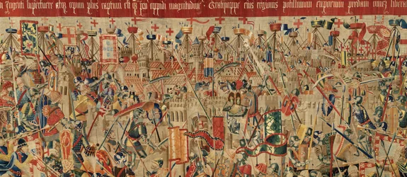 Parish museum for gobeliner (Parish Museum of Pastrana Tapestries). flamsk billedvev. Ta av Asilah (Take of Asilah, Assault on Asilah, De inname van Arzila). Seriens erobringer av kong Alfonso I av Portugal. Tournai.