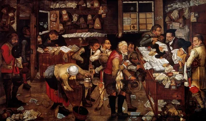 Pantelånerscene av Mount Piete. Maleri av den flamske skolen. Dekorativ kunst i Paris fra 1500-tallet - Pantelåner, scene for "" Mount of Piete""". Maleri av den flamske skole. Det 16. århundre. Dekorativ kunst, Paris
