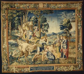 Pomona overrasket av Vertumnus og andre friere, fra The Story of Vertumnus and Pomona, 1535-40