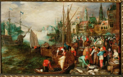 Havn og marked i Antwerpen (olje på eik)