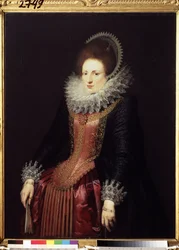 ""Portrett av en dame med en vifte" (Portrett av en dame med en vifte) en rik dame, iført en ruff og en brodert kjole. Maleri av den flamske skolen rundt 1610. Pushkin-museet, Moskva
