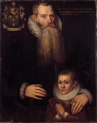 Portrett av Charles de Conde (1535-1602) og hans sønn John i 1592 Maleri av den flamske skolen på 1600-tallet. Dim 0,81 x 0,64 m. Versailles, Musee des chateaux de Versailles et Trianon