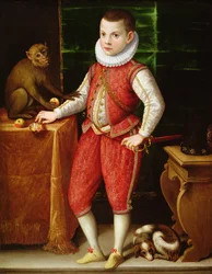 Portrett av en ung adelsmann med en ape og en hund, ca. 1615