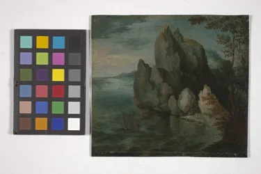 Havlandskap med en høy klippe (olje på kobber)