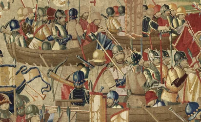 Tapet som viser erobringene av kong Alfonso V av Portugal (Conquistas de Alfonso V de Portugal), Tournai. Detalj. (Ull og silke)