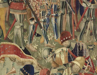 Tapet som viser erobringene av kong Alfonso V av Portugal (Conquistas de Alfonso V de Portugal), Tournai. Detalj. (Ull og silke)