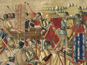 Tapet som viser erobringene av kong Alfonso V av Portugal (Conquistas de Alfonso V de Portugal), Tournai. Detalj. (Ull og silke)