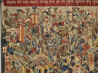 Tapet som viser erobringene av kong Alfonso V av Portugal (Conquistas de Alfonso V de Portugal), Tournai. Detalj. (Ull og silke)