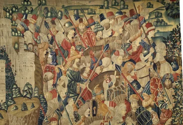 Tapet som viser erobringene av kong Alfonso V av Portugal (Conquistas de Alfonso V de Portugal), Tournai. Detalj. (Ull og silke)