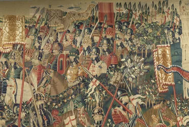 Tapet som viser erobringene av kong Alfonso V av Portugal (Conquistas de Alfonso V de Portugal), Tournai. Detalj. (Ull og silke)