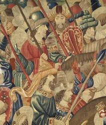 Tapet som viser erobringene av kong Alfonso V av Portugal (Conquistas de Alfonso V de Portugal), Tournai. Detalj. (Ull og silke)