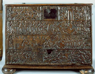 The Courtrai Chest som viser scener fra slaget ved Golden Spurs utkjempet i Courtrai i 1302 (tre)