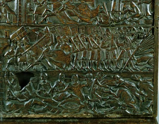Courtrai-kisten som skildrer den flamske kamplinjen under slaget ved Golden Spurs, utkjempet ved Courtrai i 1302 (tre) (detalj)