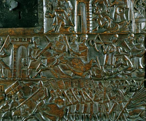 The Courtrai Chest som skildrer to scener fra slaget ved Golden Spurs utkjempet i Courtrai i 1302 (tre) (detalj)