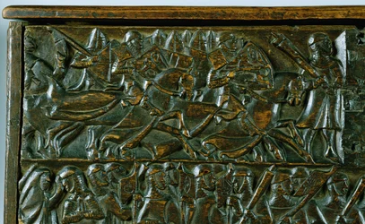 The Courtrai Chest som skildrer to scener fra slaget ved Golden Spurs utkjempet i Courtrai i 1302 (tre) (detalj)