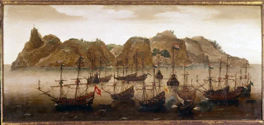 Den nederlandske flåten utenfor øya St. Helena. Oljemaleri. 17. århundre. Sjøfartsmuseet Amsterdam