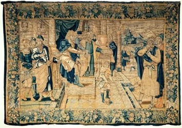 Universitetets samlinger. flamsk billedvev. Moses knekker Faraos kråke. Oudenaarde. 350x510 cm. Ca 1550.