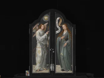 Triptyk med jomfruen og barnet, St. Barbara og St. Catherine (olje på tre)