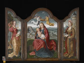 Triptyk med jomfruen og barnet, St. Barbara og St. Catherine (olje på tre)