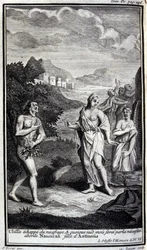 Ulysses rømmer fra forliset, og selv om han er naken, men med makt av nødvendighet, nærmer han seg Nausicaa, datter av Antinous (Antinoos). Illustrasjon for bok VI av Odyssee of Homere, i Odyssee, utgitt i Amsterdam i 1731, Milano.