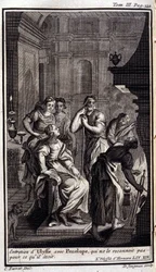 Ulysses intervju med Penelope, som ikke kjenner ham igjen for hva han var. Lilustrasjon for boken XIX of the Odyssee of Homere, in the Odyssee, utgitt i Amsterdam i 1731, Collection privee Milan.