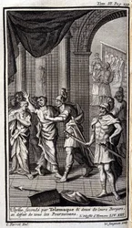 Ulysses nest etter Telemaque og to av gjeterne deres oppløste alle forfølgerne. Lustrasjon for XXII-boken til Odyssee of Homere, i Odyssee, utgitt i Amsterdam i 1731, Collection privee Milan.