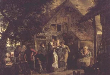 Landsbyboere gleder seg utenfor et gårdshus