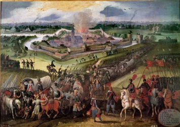 Krig mot Nederland: "" Utsikt over byen Ardres"": Erkehertug Albert av Østerrike tok byen i 1596. Maleri av den flamske skolen på 1600-tallet. Real Monasterio de El Escorial, El Escorial, Spania - Krig mot Nederland: Utsikt over