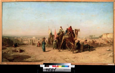 Campingvogn (Caravan). Maleri av Felix Francois Ziem (1821-1911). Olje på lerret, 79 x 145 cm