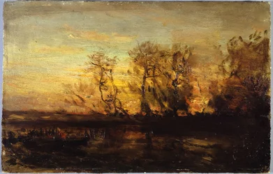 Solnedgang, mellom 1850 og 1860 (olje på papp på tre)