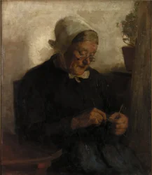 Old Woman Knitting (olje på lerret)